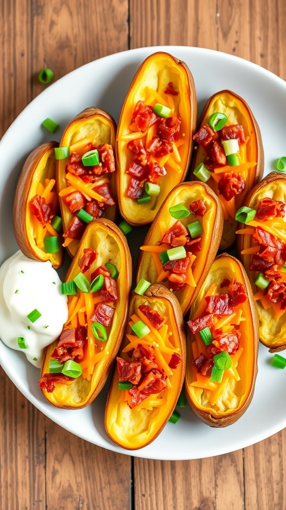 Crispy loaded baked potato skins with cheese, bacon, and green onions on a wooden table.